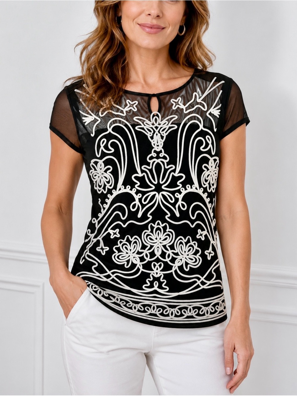 INC INTERNATIONAL CONCEPTS Elegant, Fully Lined Black & Ivory Embroidered Top